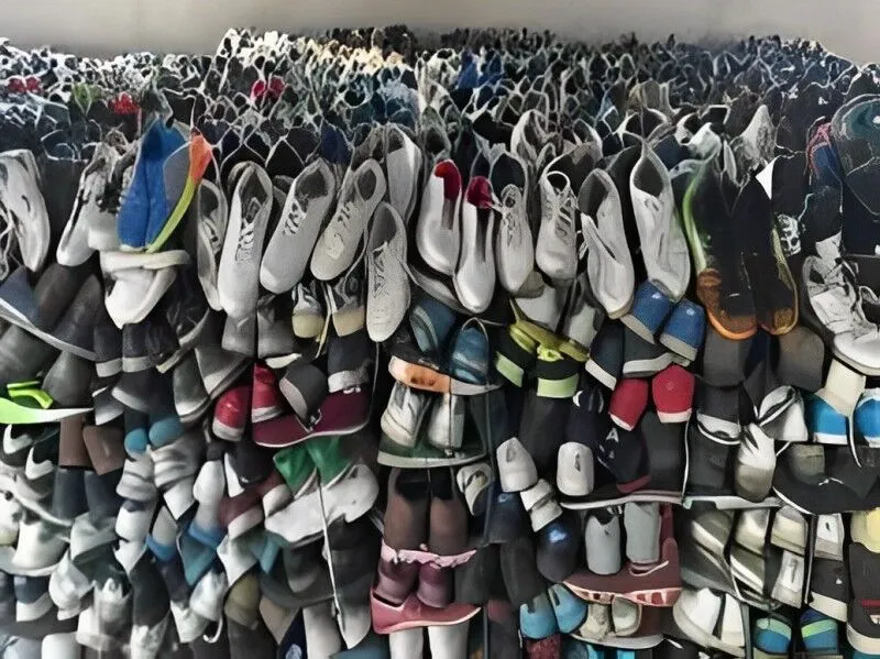 Single used shoes sorted for recycling, resale, and wholesale distribution.